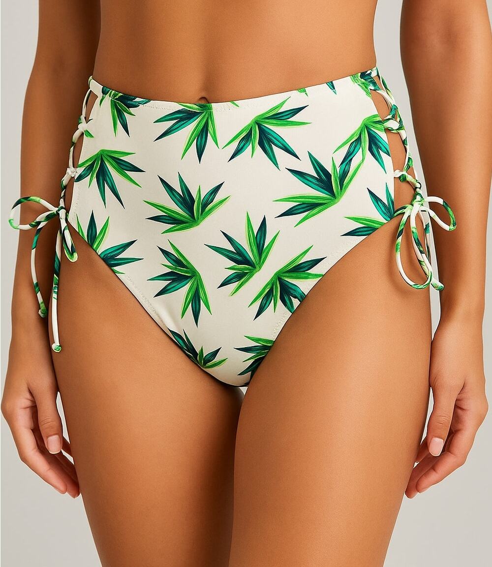 Cupshe Medium Bikini Swim Bottom Green Leaf Print Side Details